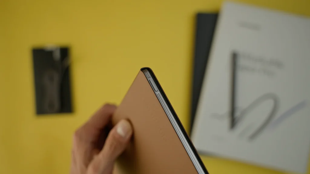 Power button located at the top left corner of the device. Notice the detailed engraving on the sides
