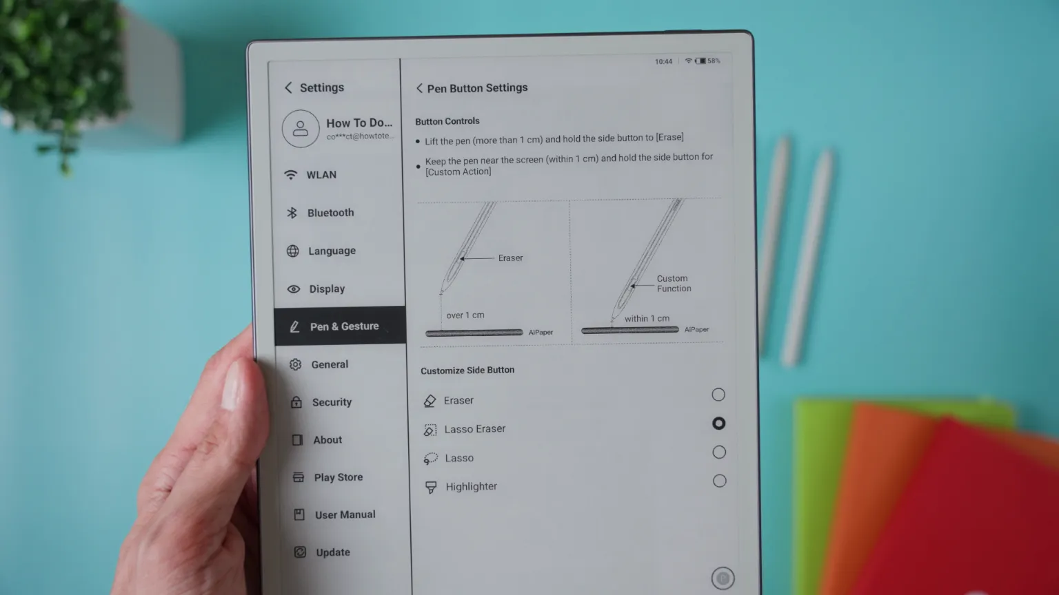Customization settings for button